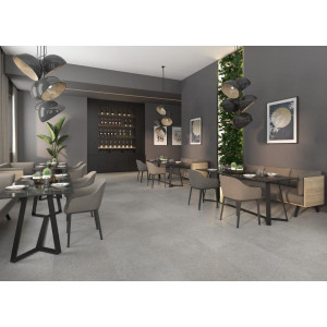 Matná gresová dlažba Doge Murano 60x120 s terrazzo efektom, vhodná na podlahy aj steny umiestnená v reštaurácií
