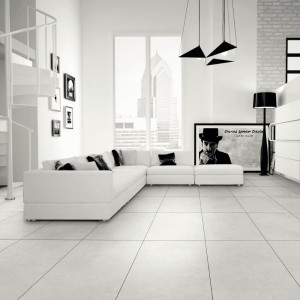 smotanová gresová dlažba Grey Soul White 61x61 s matným povrchom v betónovom dekore umiestnená v obývačke