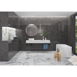 mramorová dlažba s tmavými žilami Marbella 60x120 v leštenom povrchu umiestnená v kupeľni