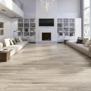 Matná gresová dlažba Cleveland Taupe 23,3x120 v dekore dreva s moderným taupe odtieňom umiestnená v obývačke
