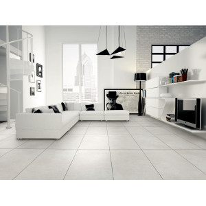 smotanová gresová dlažba Grey Soul White 122,2x122,2 s matným povrchom v betónovom dekore umiestnená v obývačke