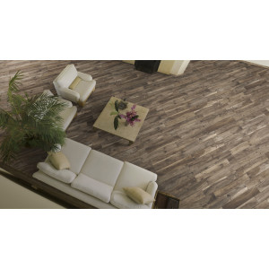 Hnedá matná gresová dlažba Soft Brown 15x100 v dekore prírodného dreva umiestnená v obývačke