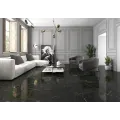 Čierna gresová dlažba Vanity Black 60x120 s lešteným povrchom v dekore mramoru umiestnená v obývačke