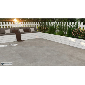 Svetlosivá gresová dlažba Argilla Light Gray 60x120 s matným povrchom v prírodnom dekore umiestnená na terase