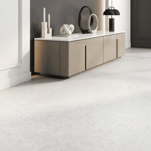 Terrazzo gresová dlažba Doge Torcello 60x120 s matným povrchom a protišmykovou úpravou R11 v obývačke
