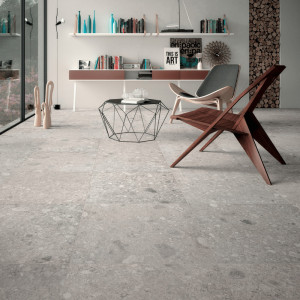 svetlá protišmyková terrazzo dlažba NORR VIT ST 60x60 s povrchom R11 v dekore kameňa