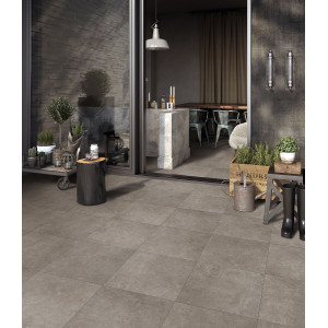 tmavá gresová dlažba GREY SOUL DARK 122x122 s matným povrchom v dekore betónu