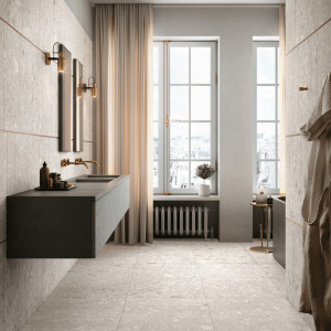 veľkoformátová gresová dlažba NORR MELK 120x120 s matným terrazzo povrchom od MIRAGE