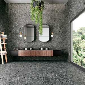 antracitová terrazzo gresová dlažba CEPPO DI GRÉ 61x122,2 s matným povrchom a minerálnym vzorom