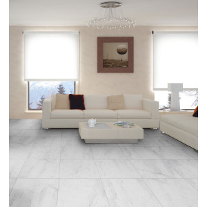 biela gresová dlažba ATHENA BLANCO 122,2x122,2 s matným mramorovým povrchom v obývačke