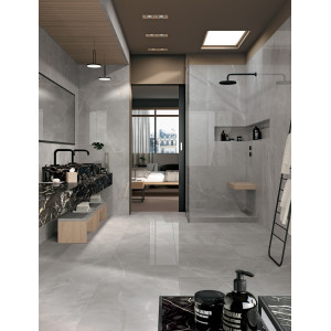 Leštená sivá gresová dlažba JEWELS RAYMI JW 16 60×60 od MIRAGE s bielym žilkovaním