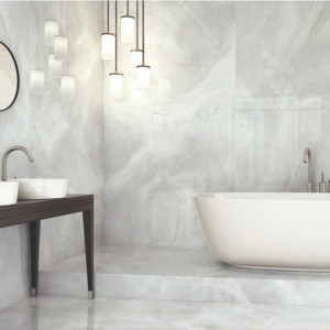 Dlažba Lavon Gris 80×80 je šedá leštená dlažba v imitácii ónyxu, Inceram.