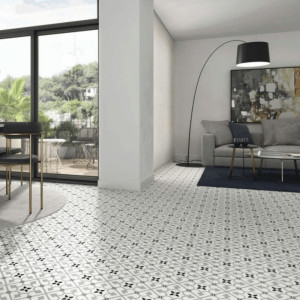 Dlažba Brighton Grey 45x45 je matná gresová dlažba s vintage ornamentom.