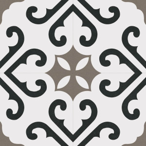 Derby Grey 45×45 je retro gresová dlažba s čierno-sivým ornamentom.