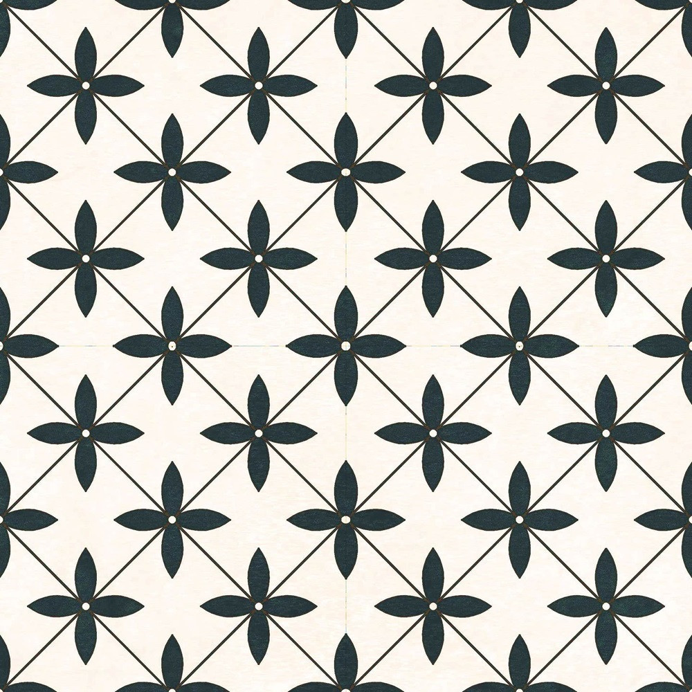 Durham Grey 45×45 – retro gresová dlažba s čierno-sivým kvetinovým motívom.