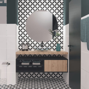Circle Black 45×45 – čierno-biela retro dlažba s geometrickým vzorom.