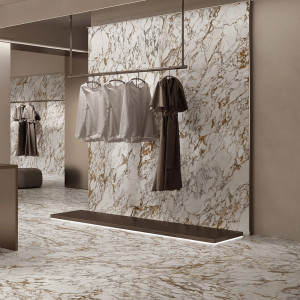 Lesklá imitácia mramoru Arabescato Joy 120×120 – prémiová porcelánová dlažba.