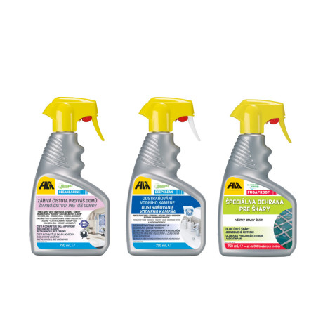 FILA KIT pre kúpeľne obsahuje DEEPCLEAN, CLEAN&SHINE a FUGAPROOF.