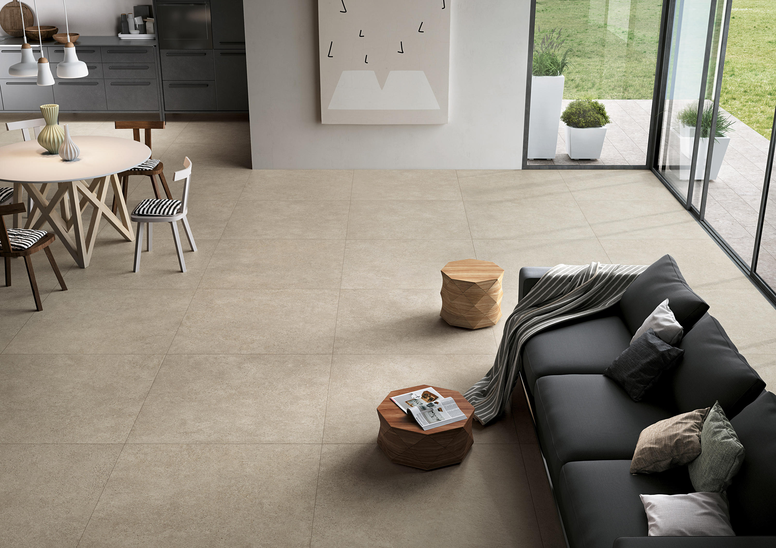 Béžové dlaždice do obývačky v betónovom dizajne